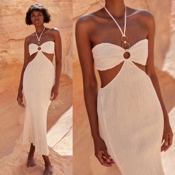 Savannah Morrow Dress Mina Open-Back Crinkled Cutout Halter Maxi Ivory L NWT - Picture 10 of 11
